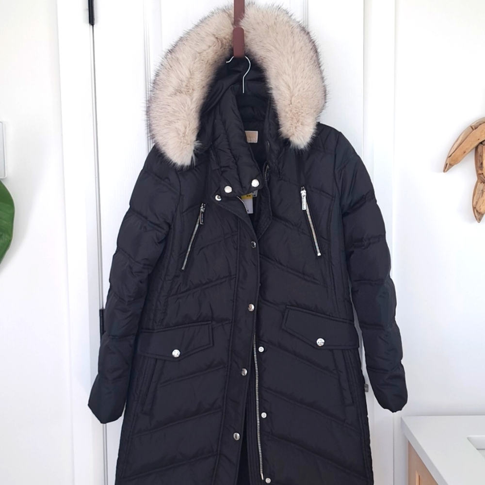 MICHAEL Michael Kors Black Puffer Coat with Fur Trim